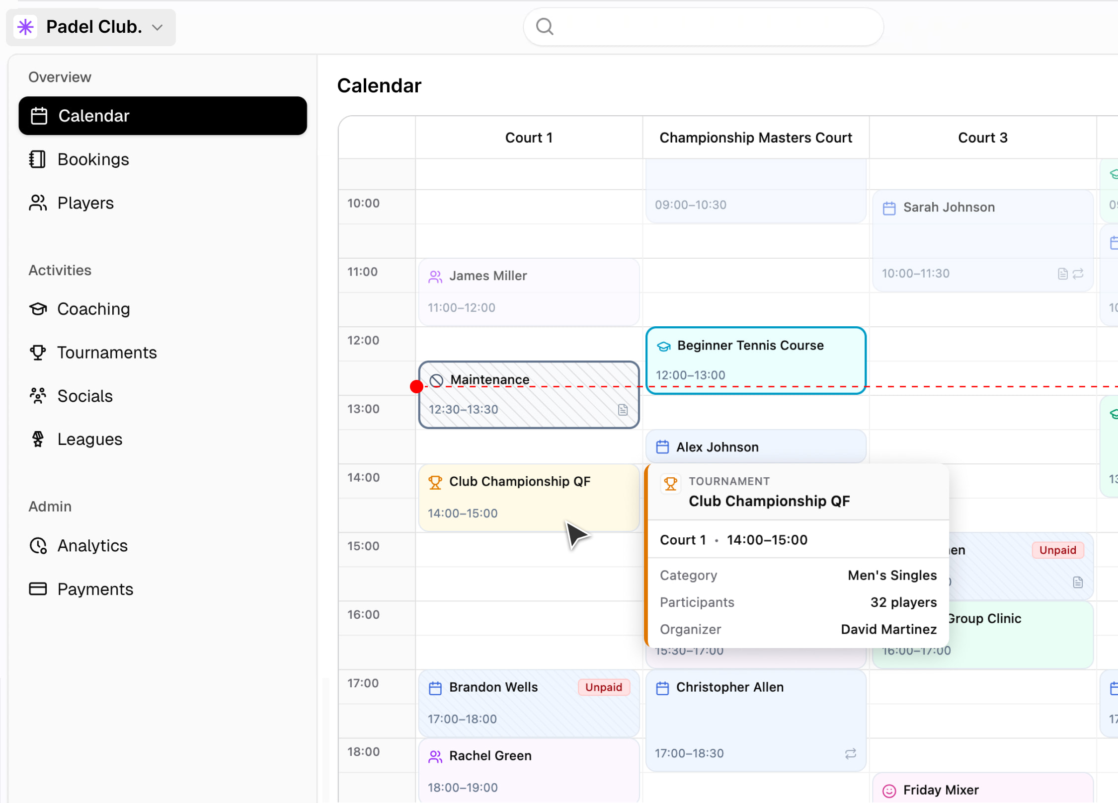 The Pulse desktop dashboard — club calendar and court bookings