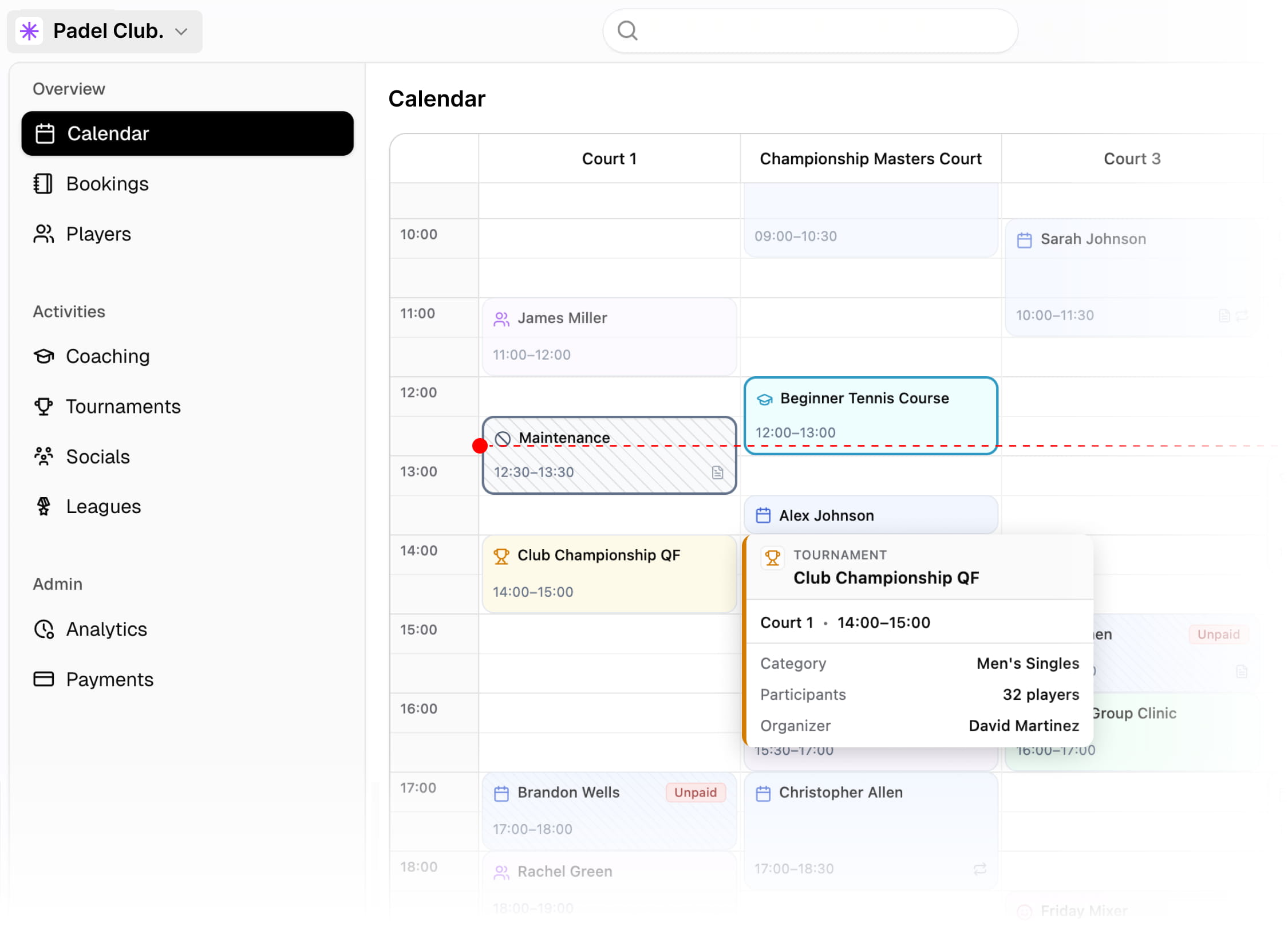 The Pulse dashboard — club calendar, court bookings and schedule